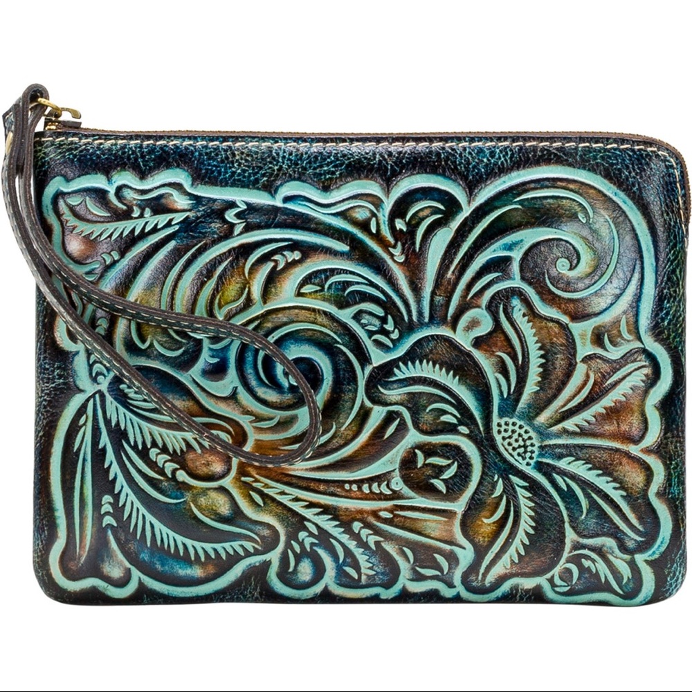 NWT Gift Box Cassini TOURQUIOSE Tooled Leather Large Wristlet Clutch